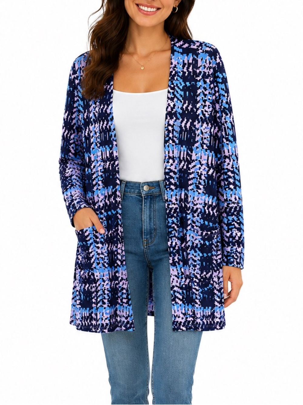 LuLaRoe NWT Size M Blue & Purple Open Front Caroline Sweater Cardigan w/ Pockets